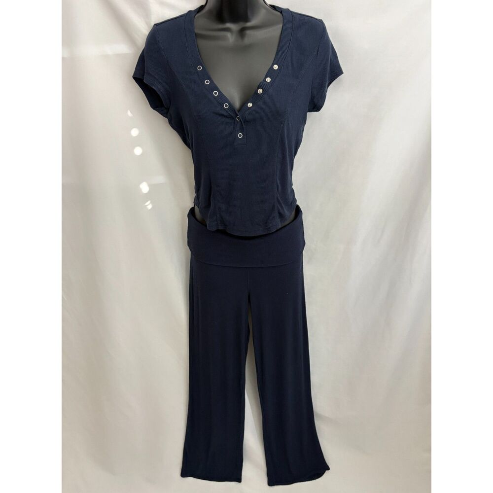 Ultra Flirt Ribbed Two Piece Set Foldover Pants Button Front Top Size S Y2K Sexy